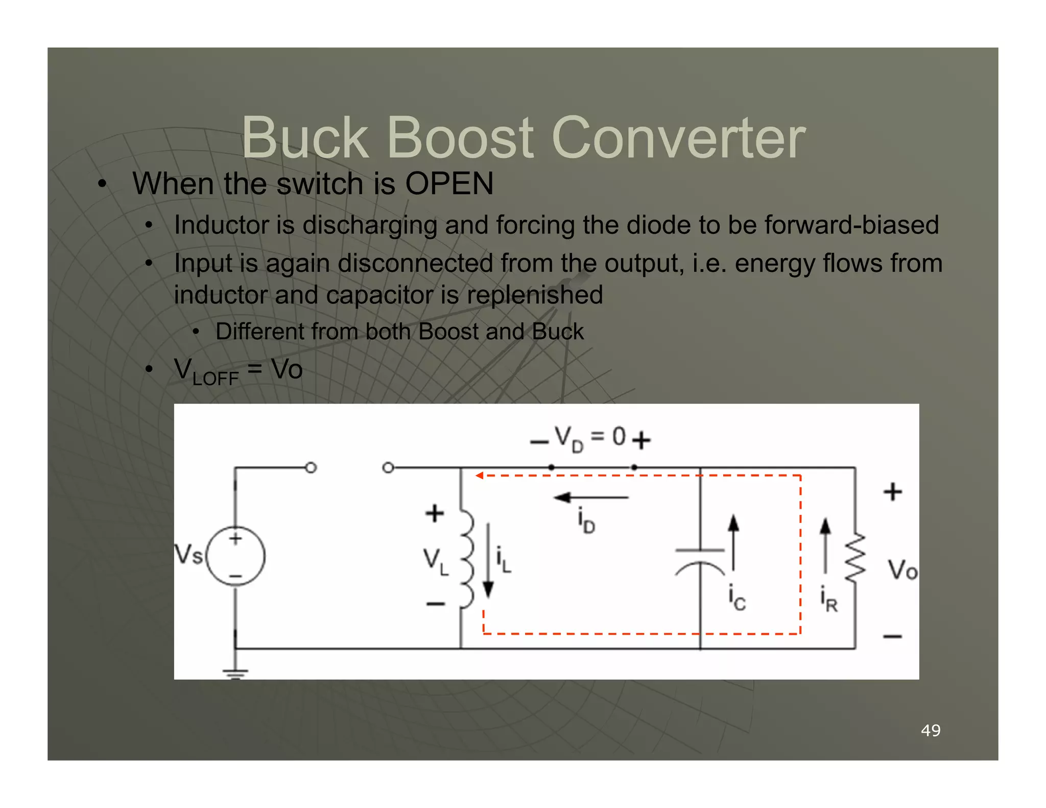 Buck Boost Converter
Buck Boost Converter
• When the switch is OPEN
• Inductor is discharging and forcing the diode to be forward-biased
• Input is again disconnected from the output, i.e. energy flows from
inductor and capacitor is replenished
• Different from both Boost and Buck
• VLOFF = Vo
49
49
 