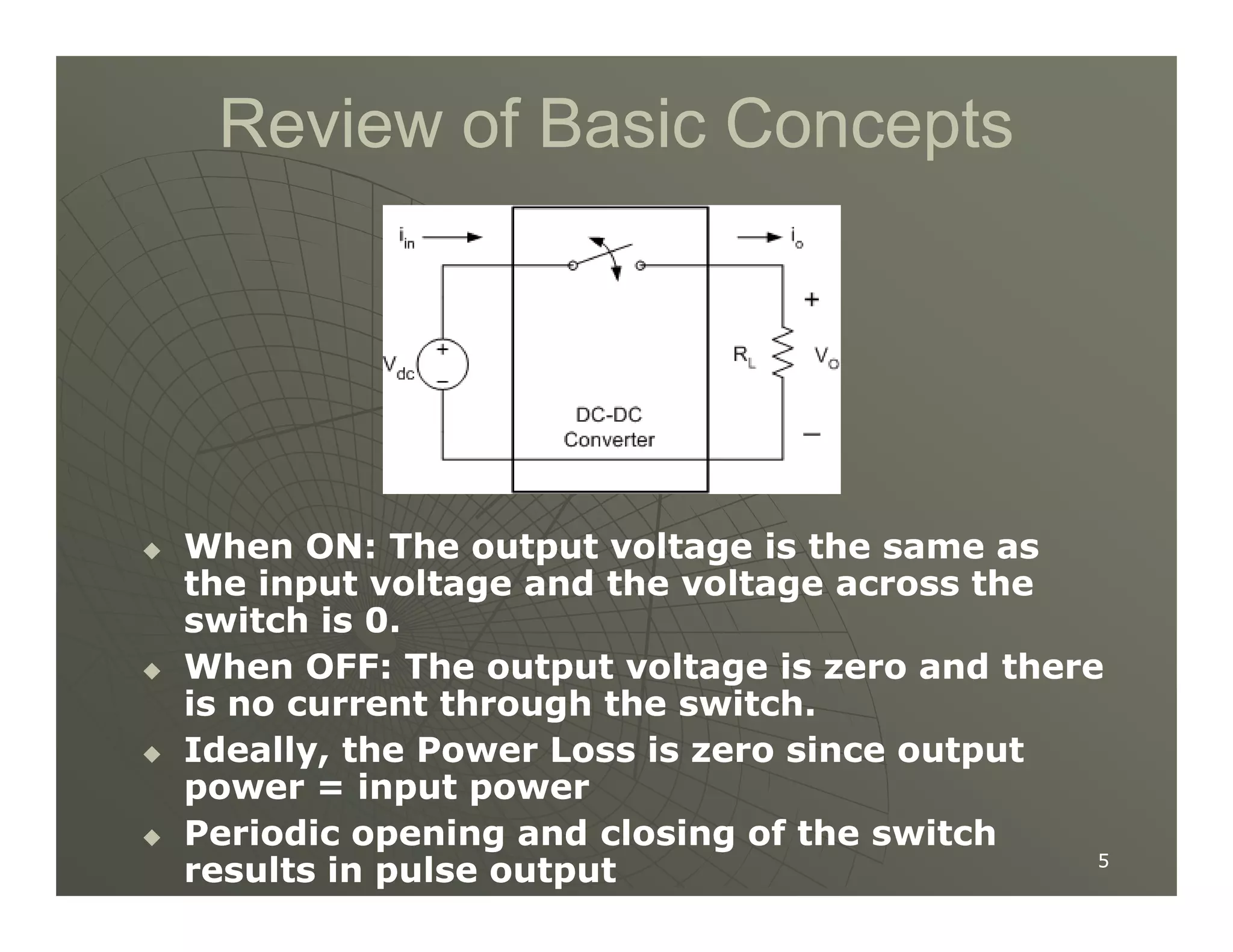 Review of Basic Concepts
Review of Basic Concepts
5
5

 When ON: The output voltage is the same as
When ON: The output voltage is the same as
the input voltage and the voltage across the
the input voltage and the voltage across the
switch is 0.
switch is 0.

 When OFF: The output voltage is zero and there
When OFF: The output voltage is zero and there
is no current through the switch.
is no current through the switch.

 Ideally, the Power Loss is zero since output
Ideally, the Power Loss is zero since output
power = input power
power = input power

 Periodic opening and closing of the switch
Periodic opening and closing of the switch
results in pulse output
results in pulse output
 