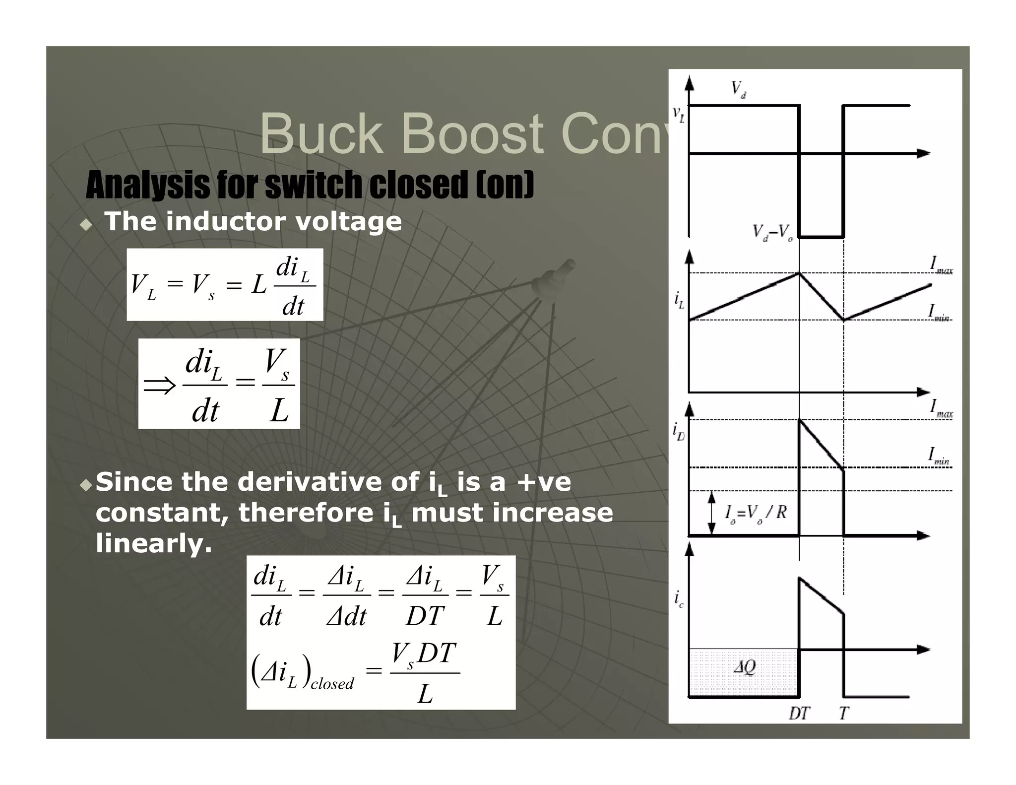 Buck Boost Converter
Buck Boost Converter

 The inductor voltage
The inductor voltage
Analysis for switch closed (on)
dt
di
L
V
=
V L
s
L =
L
V
=
dt
di s
L
⇒
51
51

Since the derivative of i
Since the derivative of iL
L is a +ve
is a +ve
constant, therefore i
constant, therefore iL
L must increase
must increase
linearly.
linearly.
L
=
dt
⇒
( )
L
DT
V
=
∆i
L
V
=
DT
∆i
=
∆dt
∆i
=
dt
di
s
closed
L
s
L
L
L
 