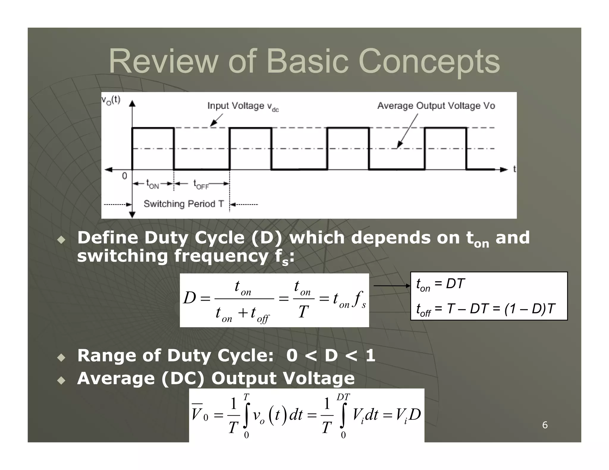 Review of Basic Concepts
Review of Basic Concepts

 Define Duty Cycle (D) which depends on t
Define Duty Cycle (D) which depends on t and
and
6
6

 Define Duty Cycle (D) which depends on t
Define Duty Cycle (D) which depends on ton
on and
and
switching frequency f
switching frequency fs
s:
:

 Range of Duty Cycle: 0  D  1
Range of Duty Cycle: 0  D  1

 Average (DC) Output Voltage
Average (DC) Output Voltage
( )
0
0 0
1 1
T DT
o i i
V v t dt V dt V D
T T
= = =
∫ ∫
s
on
on
off
on
on
f
t
T
t
t
t
t
D =
=
+
=
ton = DT
toff = T – DT = (1 – D)T
 