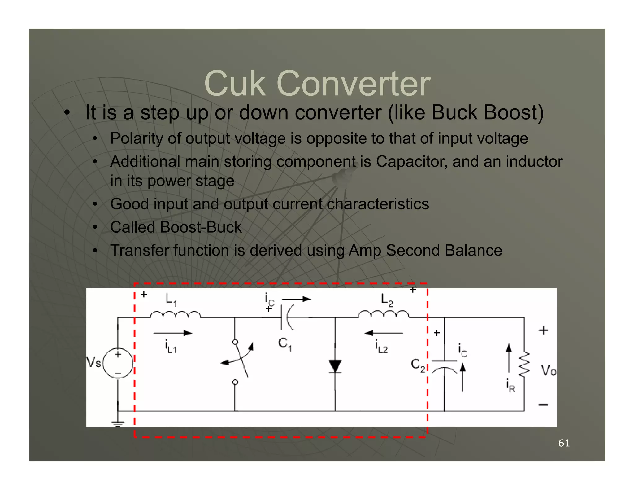 Cuk Converter
Cuk Converter
• It is a step up or down converter (like Buck Boost)
• Polarity of output voltage is opposite to that of input voltage
• Additional main storing component is Capacitor, and an inductor
in its power stage
• Good input and output current characteristics
• Called Boost-Buck
• Transfer function is derived using Amp Second Balance
61
61
• Transfer function is derived using Amp Second Balance
+
+
+
+
 