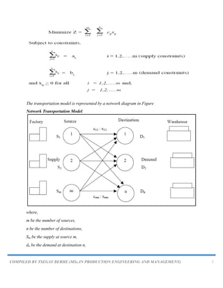COMPILED BY TSEGAY BERHE (MSc.IN PRODUCTION ENGINEERING AND MANAGEMENT) 2
The transportation model is represented by a network diagram in Figure
Network Transportation Model
where,
m be the number of sources,
n be the number of destinations,
Sm be the supply at source m,
dn be the demand at destination n,
 