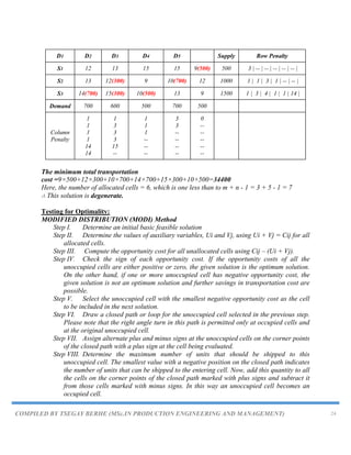 COMPILED BY TSEGAY BERHE (MSc.IN PRODUCTION ENGINEERING AND MANAGEMENT) 24
D1 D2 D3 D4 D5 Supply Row Penalty
S1 12 13 15 15 9(500) 500 3 | -- | -- | -- | -- | -- |
S2 13 12(300) 9 10(700) 12 1000 1 | 1 | 3 | 1 | -- | -- |
S3 14(700) 15(300) 10(500) 13 9 1500 1 | 3 | 4 | 1 | 1 | 14 |
Demand 700 600 500 700 500
Column
Penalty
1
1
1
1
14
14
1
3
3
3
15
--
1
1
1
--
--
--
3
3
--
--
--
--
0
--
--
--
--
--
The minimum total transportation
cost =9×500+12×300+10×700+14×700+15×300+10×500=34400
Here, the number of allocated cells = 6, which is one less than to m + n - 1 = 3 + 5 - 1 = 7
∴ This solution is degenerate.
Testing for Optimality:
MODIFIED DISTRIBUTION (MODI) Method
Step I. Determine an initial basic feasible solution
Step II. Determine the values of auxiliary variables, Ui and Vj, using Ui + Vj = Cij for all
allocated cells.
Step III. Compute the opportunity cost for all unallocated cells using Cij – (Ui + Vj).
Step IV. Check the sign of each opportunity cost. If the opportunity costs of all the
unoccupied cells are either positive or zero, the given solution is the optimum solution.
On the other hand, if one or more unoccupied cell has negative opportunity cost, the
given solution is not an optimum solution and further savings in transportation cost are
possible.
Step V. Select the unoccupied cell with the smallest negative opportunity cost as the cell
to be included in the next solution.
Step VI. Draw a closed path or loop for the unoccupied cell selected in the previous step.
Please note that the right angle turn in this path is permitted only at occupied cells and
at the original unoccupied cell.
Step VII. Assign alternate plus and minus signs at the unoccupied cells on the corner points
of the closed path with a plus sign at the cell being evaluated.
Step VIII. Determine the maximum number of units that should be shipped to this
unoccupied cell. The smallest value with a negative position on the closed path indicates
the number of units that can be shipped to the entering cell. Now, add this quantity to all
the cells on the corner points of the closed path marked with plus signs and subtract it
from those cells marked with minus signs. In this way an unoccupied cell becomes an
occupied cell.
 