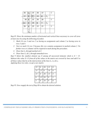 COMPILED BY TSEGAY BERHE (MSc.IN PRODUCTION ENGINEERING AND MANAGEMENT) 34
Step IV: Draw the minimum number of horizontal and vertical lines necessary to cover all zeros
at least once by using the following procedure
1. Mark (√) row 3 and row 5 as having no assignments and column 2 as having zeros in
rows 3 and 5.
2. Next we mark (√) row 2 because this row contains assignment in marked column 2. No
further rows or columns will be required to mark during this procedure.
3. Draw line L1 through marked col.2.
4. Draw lines L2 & L3 through unmarked rows.
Step V: Select the smallest element say X among all uncovered elements which is X = 15.
Subtract this value X=15 from all of the values in the matrix not covered by lines and add X to
all those values that lie at the intersections of the lines L1, L2 & L3.
Applying these two rules, we get a new matrix
15 0 20 15 0
15 15 0 10 0
15 0 20 15 5
0 15 20 0 5
5 0 10 0 0
Step VI: Now reapply the test of Step III to obtain the desired solution.
 