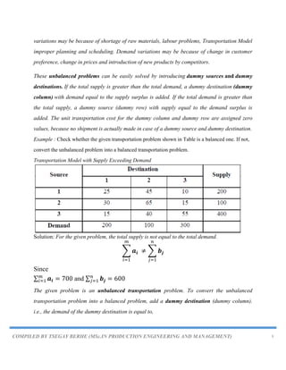 COMPILED BY TSEGAY BERHE (MSc.IN PRODUCTION ENGINEERING AND MANAGEMENT) 8
variations may be because of shortage of raw materials, labour problems, Transportation Model
improper planning and scheduling. Demand variations may be because of change in customer
preference, change in prices and introduction of new products by competitors.
These unbalanced problems can be easily solved by introducing dummy sources and dummy
destinations. If the total supply is greater than the total demand, a dummy destination (dummy
column) with demand equal to the supply surplus is added. If the total demand is greater than
the total supply, a dummy source (dummy row) with supply equal to the demand surplus is
added. The unit transportation cost for the dummy column and dummy row are assigned zero
values, because no shipment is actually made in case of a dummy source and dummy destination.
Example : Check whether the given transportation problem shown in Table is a balanced one. If not,
convert the unbalanced problem into a balanced transportation problem.
Transportation Model with Supply Exceeding Demand
Solution: For the given problem, the total supply is not equal to the total demand.
∑ ∑
Since
∑ and ∑
The given problem is an unbalanced transportation problem. To convert the unbalanced
transportation problem into a balanced problem, add a dummy destination (dummy column).
i.e., the demand of the dummy destination is equal to,
 