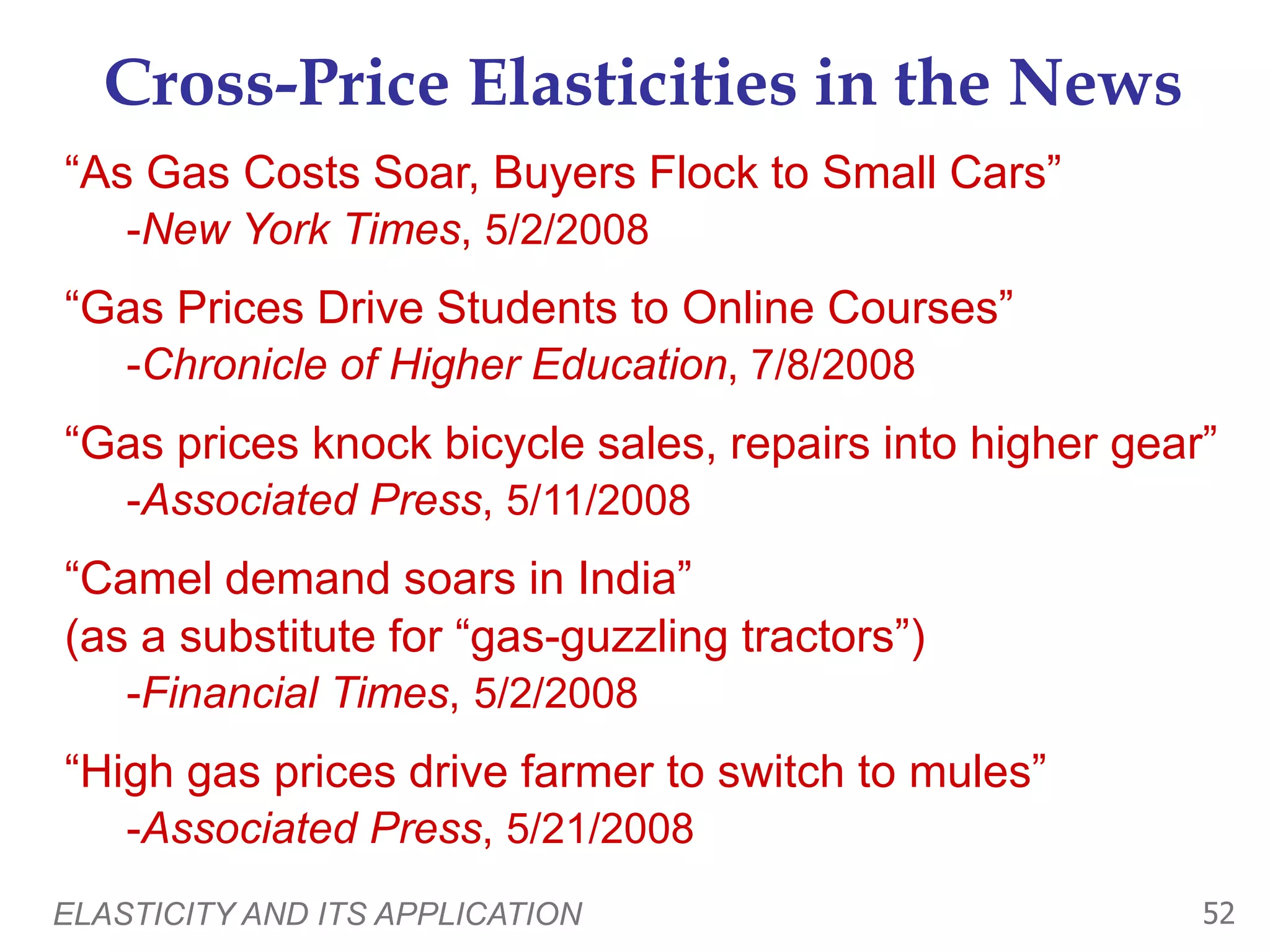 ELASTICITY AND ITS APPLICATION 52
Cross-Price Elasticities in the News
“As Gas Costs Soar, Buyers Flock to Small Cars”
-New York Times, 5/2/2008
“Gas Prices Drive Students to Online Courses”
-Chronicle of Higher Education, 7/8/2008
“Gas prices knock bicycle sales, repairs into higher gear”
-Associated Press, 5/11/2008
“Camel demand soars in India”
(as a substitute for “gas-guzzling tractors”)
-Financial Times, 5/2/2008
“High gas prices drive farmer to switch to mules”
-Associated Press, 5/21/2008
 