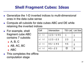 37
37
Shell Fragment Cubes: Ideas
 Generalize the 1-D inverted indices to multi-dimensional
ones in the data cube sense
 Compute all cuboids for data cubes ABC and DE while
retaining the inverted indices
 For example, shell
fragment cube ABC
contains 7 cuboids:
 A, B, C
 AB, AC, BC
 ABC
 This completes the offline
computation stage
1
1
1 2 3 1 4 5
a1 b1
0
4 5 2 3
a2 b2
2
4 5
4 5 1 4 5
a2 b1
2
2 3
1 2 3 2 3
a1 b2
List Size
TID List
Intersection
Cell










 
