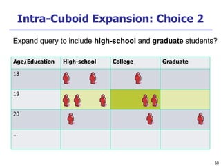 60
60
Intra-Cuboid Expansion: Choice 2
Age/Education High-school College Graduate
18
19
20
…
Expand query to include high-school and graduate students?
 