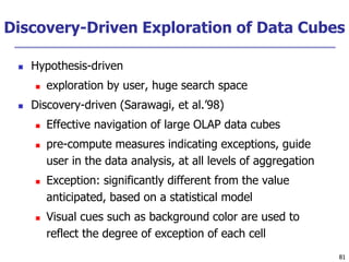 81
81
Discovery-Driven Exploration of Data Cubes
 Hypothesis-driven
 exploration by user, huge search space
 Discovery-driven (Sarawagi, et al.’98)
 Effective navigation of large OLAP data cubes
 pre-compute measures indicating exceptions, guide
user in the data analysis, at all levels of aggregation
 Exception: significantly different from the value
anticipated, based on a statistical model
 Visual cues such as background color are used to
reflect the degree of exception of each cell
 