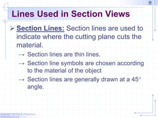 Copyright ©2010 by K. Plantenberg
Restricted use only
Lines Used in Section Views
 Section Lines: Section lines are used to
indicate where the cutting plane cuts the
material.
→ Section lines are thin lines.
→ Section line symbols are chosen according
to the material of the object
→ Section lines are generally drawn at a 45
angle.
 