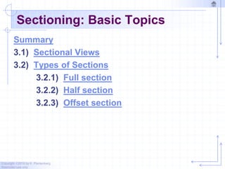 Copyright ©2010 by K. Plantenberg
Restricted use only
Sectioning: Basic Topics
Summary
3.1) Sectional Views
3.2) Types of Sections
3.2.1) Full section
3.2.2) Half section
3.2.3) Offset section
 