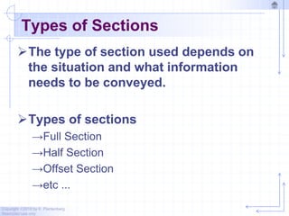 Copyright ©2010 by K. Plantenberg
Restricted use only
Types of Sections
The type of section used depends on
the situation and what information
needs to be conveyed.
Types of sections
→Full Section
→Half Section
→Offset Section
→etc …
 