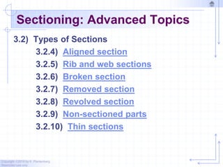 Copyright ©2010 by K. Plantenberg
Restricted use only
Sectioning: Advanced Topics
3.2) Types of Sections
3.2.4) Aligned section
3.2.5) Rib and web sections
3.2.6) Broken section
3.2.7) Removed section
3.2.8) Revolved section
3.2.9) Non-sectioned parts
3.2.10) Thin sections
 