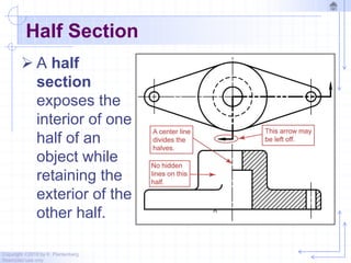 Copyright ©2010 by K. Plantenberg
Restricted use only
Half Section
 A half
section
exposes the
interior of one
half of an
object while
retaining the
exterior of the
other half.
 