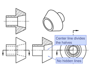 No hidden lines
Center line divides
the halves
 