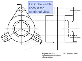Fill in the visible
lines in the
sectional view.
 