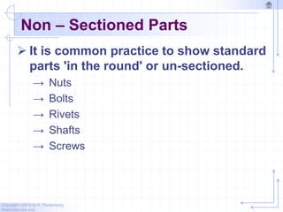 Copyright ©2010 by K. Plantenberg
Restricted use only
Non – Sectioned Parts
 It is common practice to show standard
parts 'in the round' or un-sectioned.
→ Nuts
→ Bolts
→ Rivets
→ Shafts
→ Screws
 
