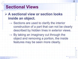 Copyright ©2010 by K. Plantenberg
Restricted use only
Sectional Views
 A sectional view or section looks
inside an object.
→ Sections are used to clarify the interior
construction of a part that can not be clearly
described by hidden lines in exterior views.
→ By taking an imaginary cut through the
object and removing a portion, the inside
features may be seen more clearly.
 