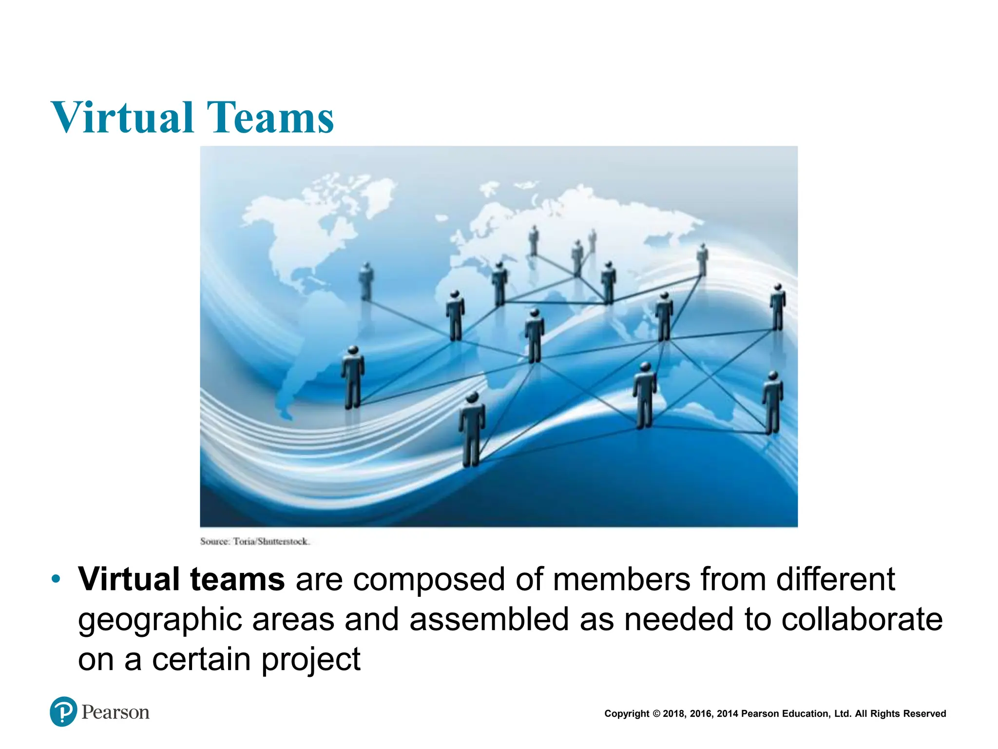 Copyright © 2018, 2016, 2014 Pearson Education, Ltd. All Rights Reserved
Virtual Teams
• Virtual teams are composed of members from different
geographic areas and assembled as needed to collaborate
on a certain project
 