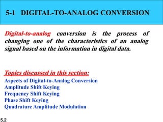 5.2
5-1 DIGITAL-TO-ANALOG CONVERSION
Digital-to-analog conversion is the process of
changing one of the characteristics of an analog
signal based on the information in digital data.
Aspects of Digital-to-Analog Conversion
Amplitude Shift Keying
Frequency Shift Keying
Phase Shift Keying
Quadrature Amplitude Modulation
Topics discussed in this section:
 