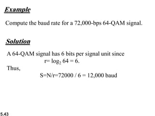 5.43
Example
Compute the baud rate for a 72,000-bps 64-QAM signal.
Solution
A 64-QAM signal has 6 bits per signal unit since
r= log2 64 = 6.
Thus,
S=N/r=72000 / 6 = 12,000 baud
 