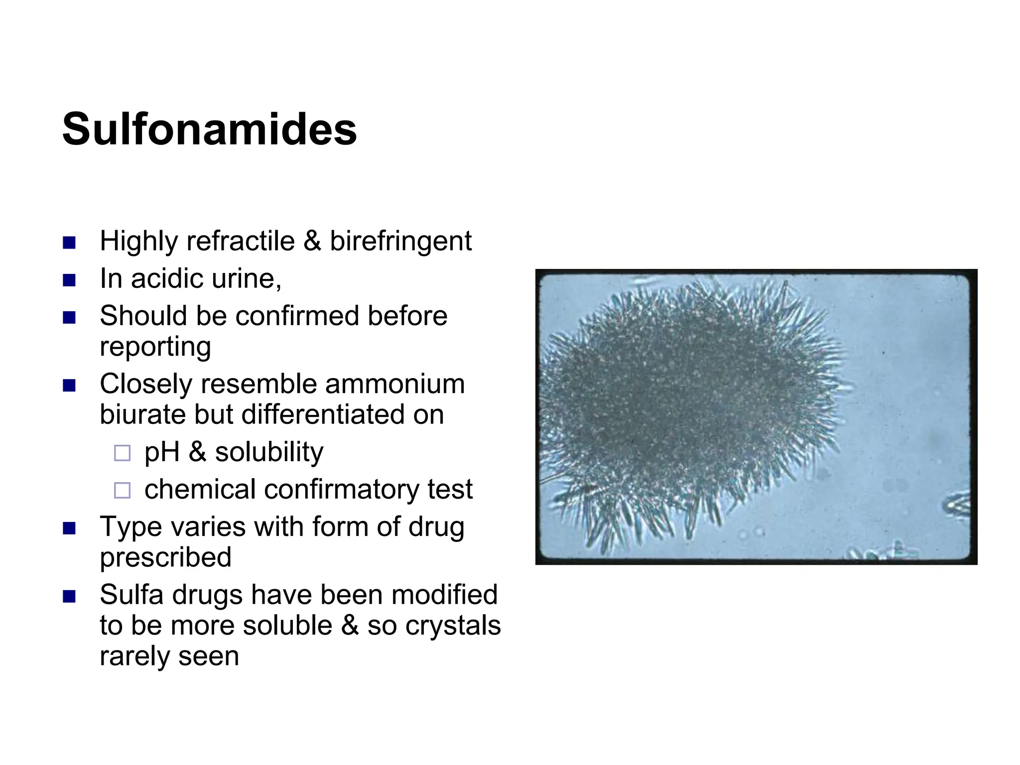 Sulfonamides
 Highly refractile & birefringent
 In acidic urine,
 Should be confirmed before
reporting
 Closely resemble ammonium
biurate but differentiated on
 pH & solubility
 chemical confirmatory test
 Type varies with form of drug
prescribed
 Sulfa drugs have been modified
to be more soluble & so crystals
rarely seen
 