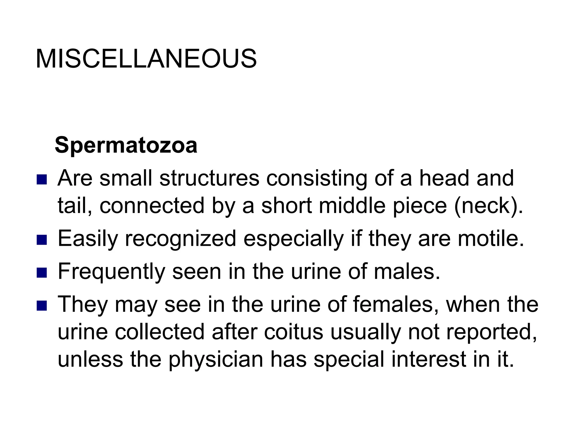 MISCELLANEOUS
Spermatozoa
 Are small structures consisting of a head and
tail, connected by a short middle piece (neck).
 Easily recognized especially if they are motile.
 Frequently seen in the urine of males.
 They may see in the urine of females, when the
urine collected after coitus usually not reported,
unless the physician has special interest in it.
 