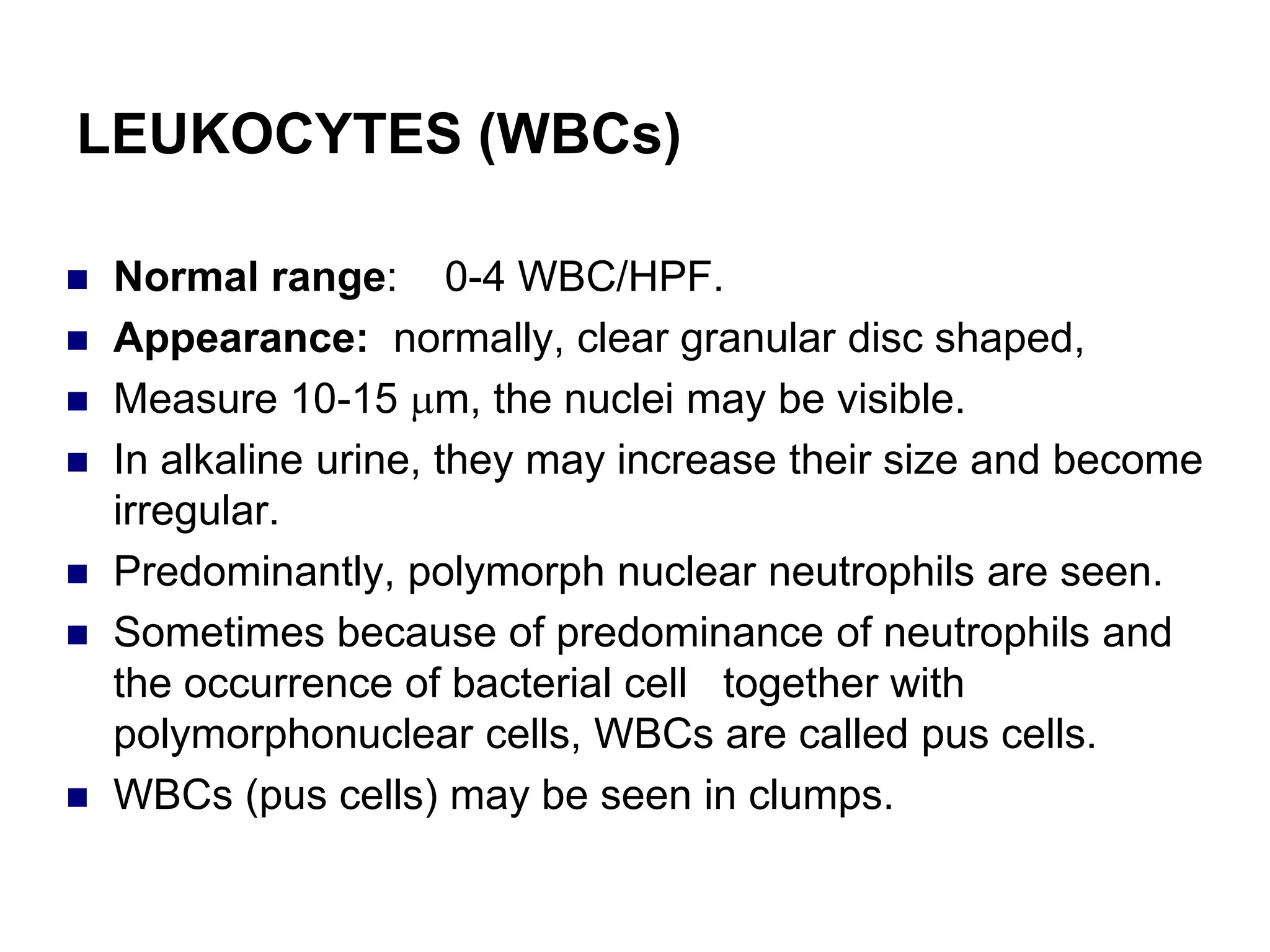 LEUKOCYTES (WBCs)
 Normal range: 0-4 WBC/HPF.
 Appearance: normally, clear granular disc shaped,
 Measure 10-15 m, the nuclei may be visible.
 In alkaline urine, they may increase their size and become
irregular.
 Predominantly, polymorph nuclear neutrophils are seen.
 Sometimes because of predominance of neutrophils and
the occurrence of bacterial cell together with
polymorphonuclear cells, WBCs are called pus cells.
 WBCs (pus cells) may be seen in clumps.
 