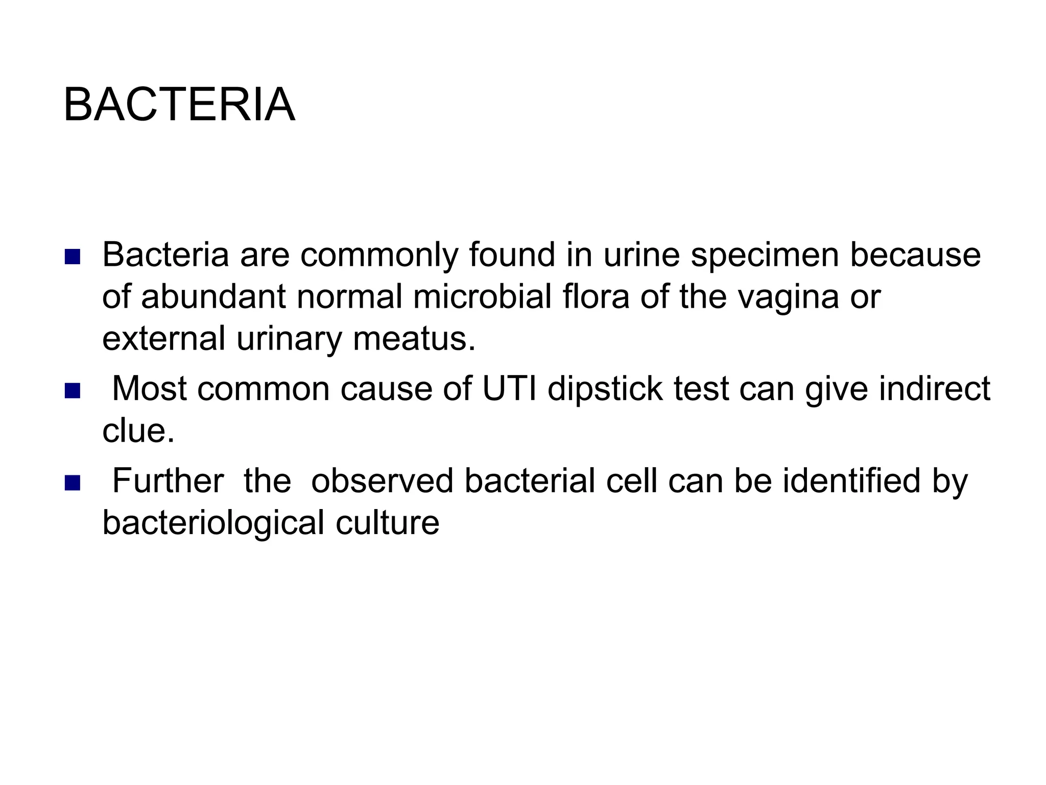 BACTERIA
 Bacteria are commonly found in urine specimen because
of abundant normal microbial flora of the vagina or
external urinary meatus.
 Most common cause of UTI dipstick test can give indirect
clue.
 Further the observed bacterial cell can be identified by
bacteriological culture
 