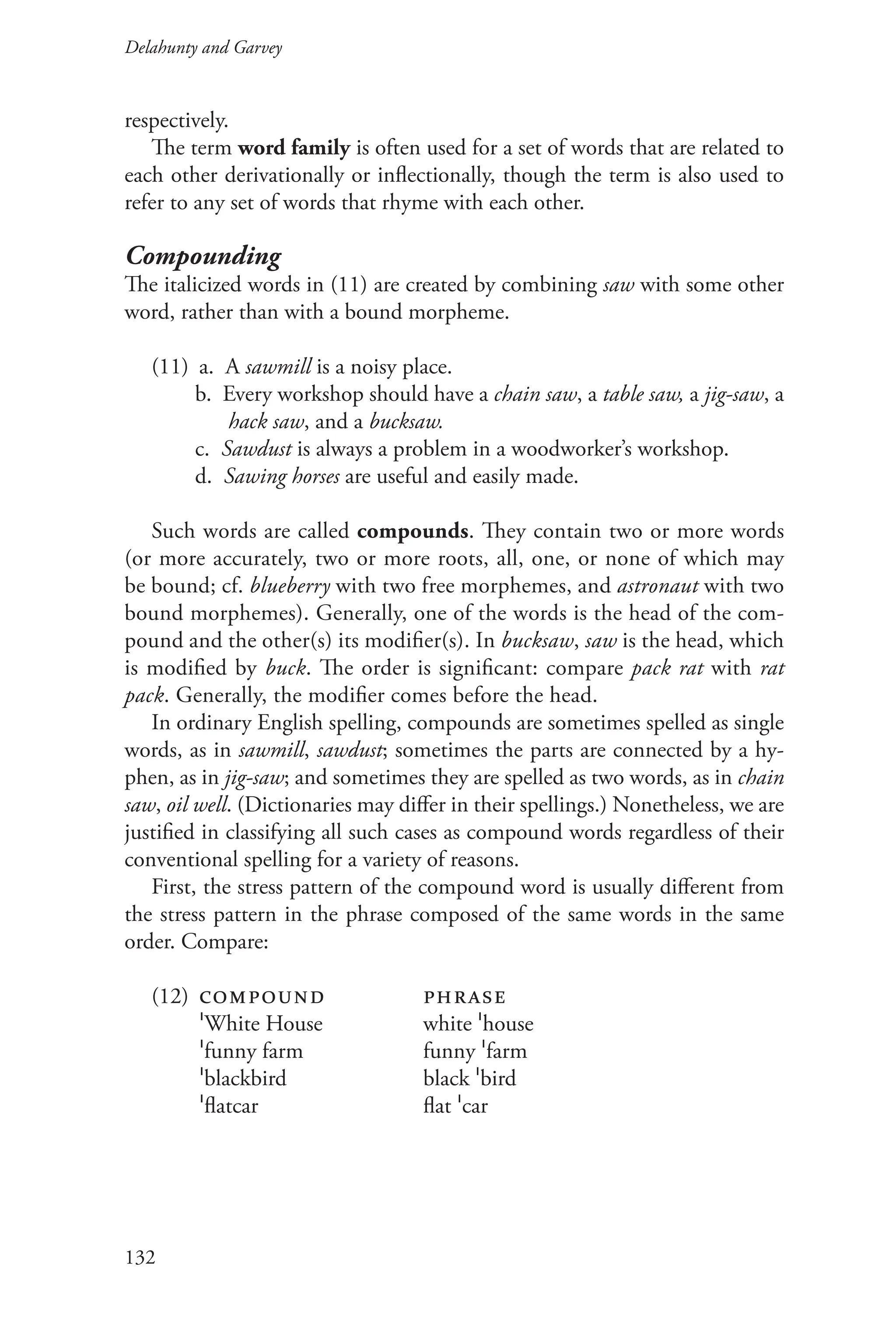 Delahunty and Garvey		
132
respectively.
The term word family is often used for a set of words that are related to
each other derivationally or inflectionally, though the term is also used to
refer to any set of words that rhyme with each other.
Compounding
The italicized words in (11) are created by combining saw with some other
word, rather than with a bound morpheme.
(11) a. A sawmill is a noisy place.
b. Every workshop should have a chain saw, a table saw, a jig-saw, a
hack saw, and a bucksaw.
c. Sawdust is always a problem in a woodworker’s workshop.
d. Sawing horses are useful and easily made.
Such words are called compounds. They contain two or more words
(or more accurately, two or more roots, all, one, or none of which may
be bound; cf. blueberry with two free morphemes, and astronaut with two
bound morphemes). Generally, one of the words is the head of the com-
pound and the other(s) its modifier(s). In bucksaw, saw is the head, which
is modified by buck. The order is significant: compare pack rat with rat
pack. Generally, the modifier comes before the head.
In ordinary English spelling, compounds are sometimes spelled as single
words, as in sawmill, sawdust; sometimes the parts are connected by a hy-
phen, as in jig‑saw; and sometimes they are spelled as two words, as in chain
saw, oil well. (Dictionaries may differ in their spellings.) Nonetheless, we are
justified in classifying all such cases as compound words regardless of their
conventional spelling for a variety of reasons.
First, the stress pattern of the compound word is usually different from
the stress pattern in the phrase composed of the same words in the same
order. Compare:
(12) compound phrase
		 White House		 white house
		 funny farm		 funny farm
		 blackbird		 black bird
		 flatcar			flat car
 