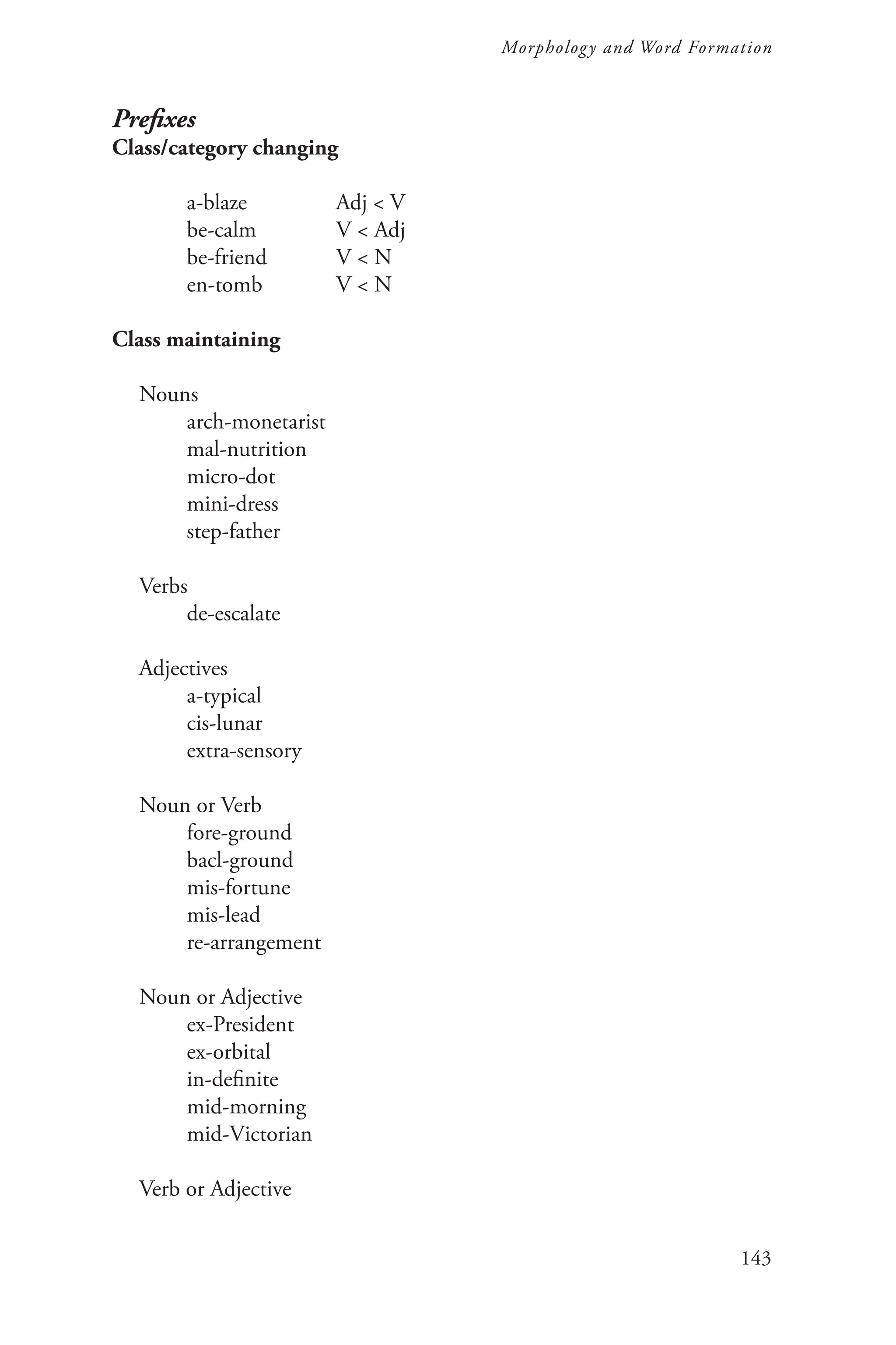 143
Morphology and Word Formation
Prefixes
Class/category changing
		 a‑blaze		 Adj < V
		 be‑calm		 V < Adj
		 be‑friend V < N
		 en‑tomb V < N
Class maintaining
Nouns
		 arch‑monetarist
		 mal‑nutrition
		 micro-dot
		 mini‑dress
		 step‑father
				
Verbs
		 de‑escalate
			
Adjectives
		 a‑typical
		 cis‑lunar
		 extra‑sensory
Noun or Verb
		 fore‑ground
		 bacl-ground
		 mis‑fortune
		 mis‑lead
		 re‑arrangement
Noun or Adjective
		 ex‑President
		 ex‑orbital
		 in‑definite
		 mid‑morning
		 mid‑Victorian
		
Verb or Adjective
 