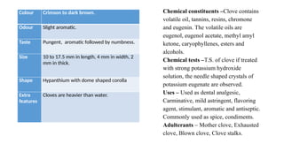 Colour Crimson to dark brown.
Odour Slight aromatic.
Taste Pungent, aromatic followed by numbness.
Size 10 to 17.5 mm in length, 4 mm in width, 2
mm in thick.
Shape Hypanthium with dome shaped corolla
Extra
features
Cloves are heavier than water.
Chemical constituents –Clove contains
volatile oil, tannins, resins, chromone
and eugenin. The volatile oils are
eugenol, eugenol acetate, methyl amyl
ketone, caryophyllenes, esters and
alcohols.
Chemical tests –T.S. of clove if treated
with strong potassium hydroxide
solution, the needle shaped crystals of
potassium eugenate are observed.
Uses – Used as dental analgesic,
Carminative, mild astringent, flavoring
agent, stimulant, aromatic and antiseptic.
Commonly used as spice, condiments.
Adulterants – Mother clove, Exhausted
clove, Blown clove, Clove stalks.
 