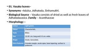 • 01. Vasaka leaves–
• Synonyms –Adulsa ,Adhatoda, Sinhamukhi.
• Biological Source – Vasaka consists of dried as well as fresh leaves of
Adhatodavasica ,Family – Acanthaceae
• Morphology –
Colour Light green.
Odour Characteristic.
Taste Bitter.
Size 12-20 cm. long and 2-5 cm. wide.
Shape Ovate, lanceolate.
Extra features Crenate margin, acute apex, base tapering, surface is
pubscent.
 