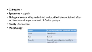 • 03.Papaya –
• Synonyms – papain
• Biological source –Papain is dried and purified latex obtained after
incision to unripe papaya fruit of Carica papaya.
• Family –Caricaceae.
• Morphology –
Colour White or greyish white, hygroscopic powder.
Odour Characteristic.
Taste Typical.
Solubility Soluble in water and glycerol insoluble in
organic solvents.
 
