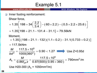 Example 5.1
❑ Inner footing reinforcement:
Shear force,
Moment,
28
( ) ( )
2.2
1.35 198 34 60 2.2 0.5 2.2 25.6
3.4
   
= + −  −  
 
 
   
6
2 2
117.5 10
0.90 1.27
1000(360 )
M
bd

= =  Use Z=0.95d
( )
6
2
117.5 10
790mm /m
0.86 0.87(500) 0.95 360
s
yk
M
A
f z

= = =

Use H20-300 (As = 1050mm2/m)
 
1.35 198 21.1 131.4 31.1 79.56kN
= + − − =
( )( ) ( )
 
1.35 198 21.1 132 1.1 0.2 31.1 0.733 0.2
= + − + − +
117.5kNm
=
 