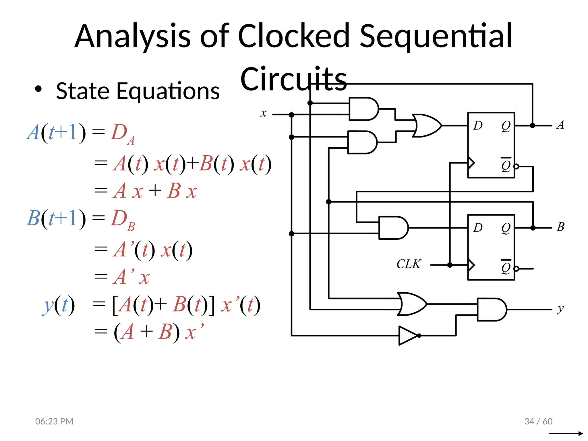 34 / 60
Analysis of Clocked Sequential
Circuits
• State Equations
D Q
Q
CLK
D Q
Q
A
B
y
x
A(t+1) = DA
= A(t) x(t)+B(t) x(t)
= A x + B x
B(t+1) = DB
= A’(t) x(t)
= A’ x
y(t) = [A(t)+ B(t)] x’(t)
= (A + B) x’
06:23 PM
 