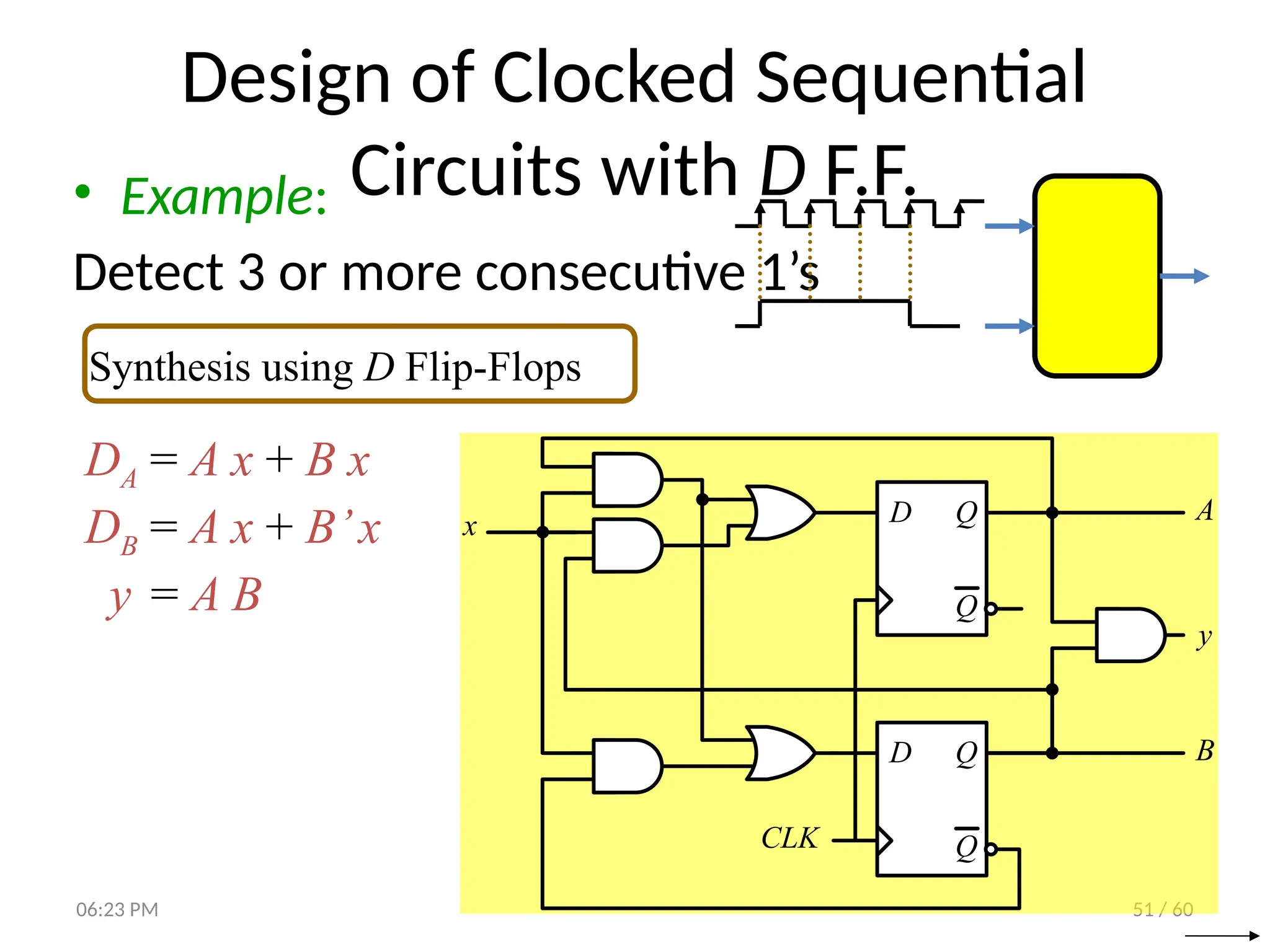 51 / 60
Design of Clocked Sequential
Circuits with D F.F.
• Example:
Detect 3 or more consecutive 1’s
DA = A x + B x
DB = A x + B’x
y = A B
Synthesis using D Flip-Flops
D Q
Q
A
CLK
x
B
D Q
Q
y
06:23 PM
 