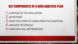 KEY COMPONENTS OF A DATA ANALYSIS PLAN
1.PURPOSE OF THE EVALUATION
2.QUESTIONS
3.WHAT YOU HOPE TO LEARN FROM THE QUESTION
4.ANALYSIS TECHNIQUE
5.HOW DATA WILL BE PRESENTED
 