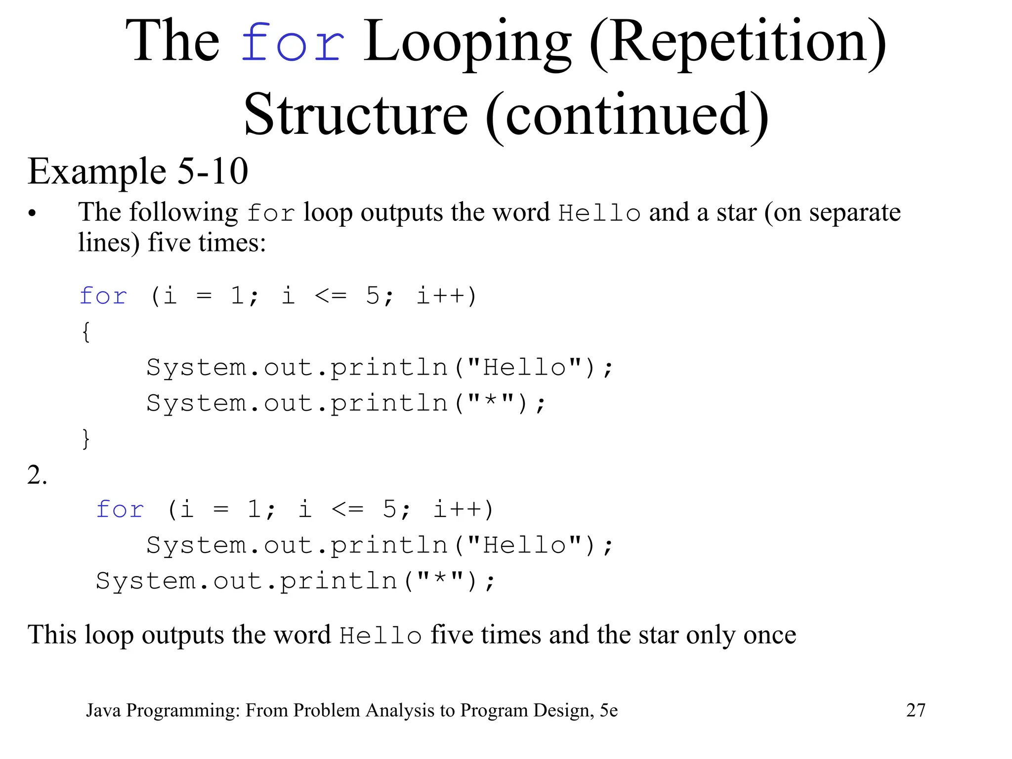 27
Java Programming: From Problem Analysis to Program Design, 5e
The for Looping (Repetition)
Structure (continued)
Example 5-10
• The following for loop outputs the word Hello and a star (on separate
lines) five times:
for (i = 1; i <= 5; i++)
{
System.out.println("Hello");
System.out.println("*");
}
2.
for (i = 1; i <= 5; i++)
System.out.println("Hello");
System.out.println("*");
This loop outputs the word Hello five times and the star only once
 