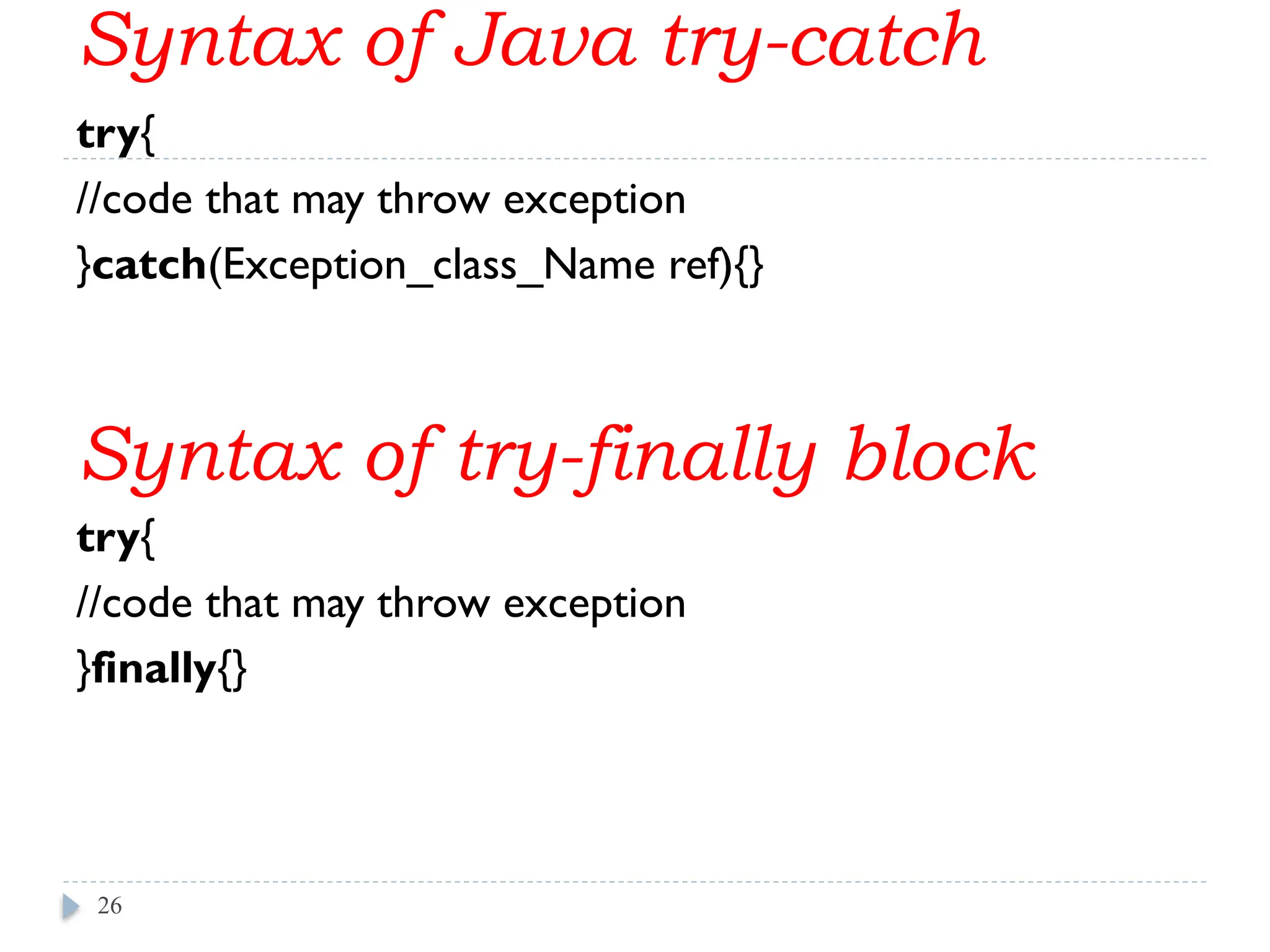 Syntax of Java try-catch
try{
//code that may throw exception
}catch(Exception_class_Name ref){}
Syntax of try-finally block
try{
//code that may throw exception
}finally{}
26
 