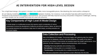 9
AI INTERVENTION FOR HIGH-LEVEL DESIGN
For a high-level design, the system is broken into smaller, more manageable pieces, like detailing the rooms within a blueprint.
AI can help by modeling data flows and interactions between modules. For instance, it can simulate how data will travel from the
frontend to the backend and suggest improvements. This process will help improve accuracy and predict integration challenges. Setting
up these models can be complex and may not cover all scenarios.
 