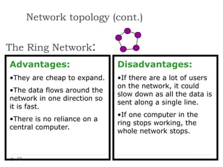 Network topology (cont.)
The Ring Network:
Advantages:
•They are cheap to expand.
•The data flows around the
network in one direction so
it is fast.
•There is no reliance on a
central computer.
Disadvantages:
•If there are a lot of users
on the network, it could
slow down as all the data is
sent along a single line.
•If one computer in the
ring stops working, the
whole network stops.
33
 