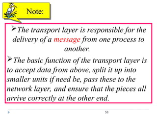 58
The transport layer is responsible for the
delivery of a message from one process to
another.
The basic function of the transport layer is
to accept data from above, split it up into
smaller units if need be, pass these to the
network layer, and ensure that the pieces all
arrive correctly at the other end.
Note:
Note:
 