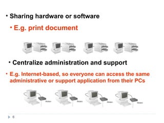 6
• Sharing hardware or software
• Centralize administration and support
• E.g. print document
• E.g. Internet-based, so everyone can access the same
administrative or support application from their PCs
 