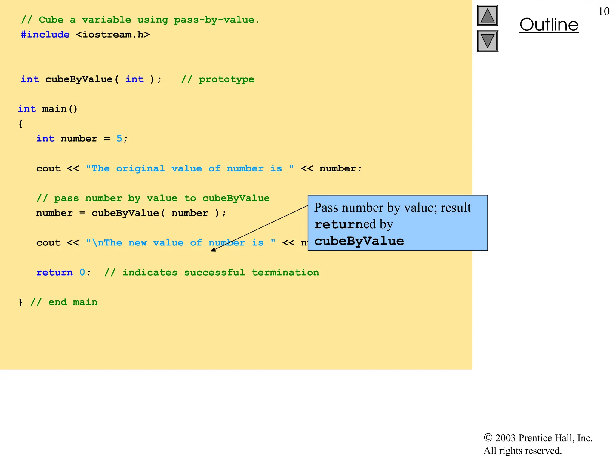  2003 Prentice Hall, Inc.
All rights reserved.
Outline
10
// Cube a variable using pass-by-value.
#include <iostream.h>
int cubeByValue( int ); // prototype
int main()
{
int number = 5;
cout << "The original value of number is " << number;
// pass number by value to cubeByValue
number = cubeByValue( number );
cout << "nThe new value of number is " << number << endl;
return 0; // indicates successful termination
} // end main
Pass number by value; result
returned by
cubeByValue
 
