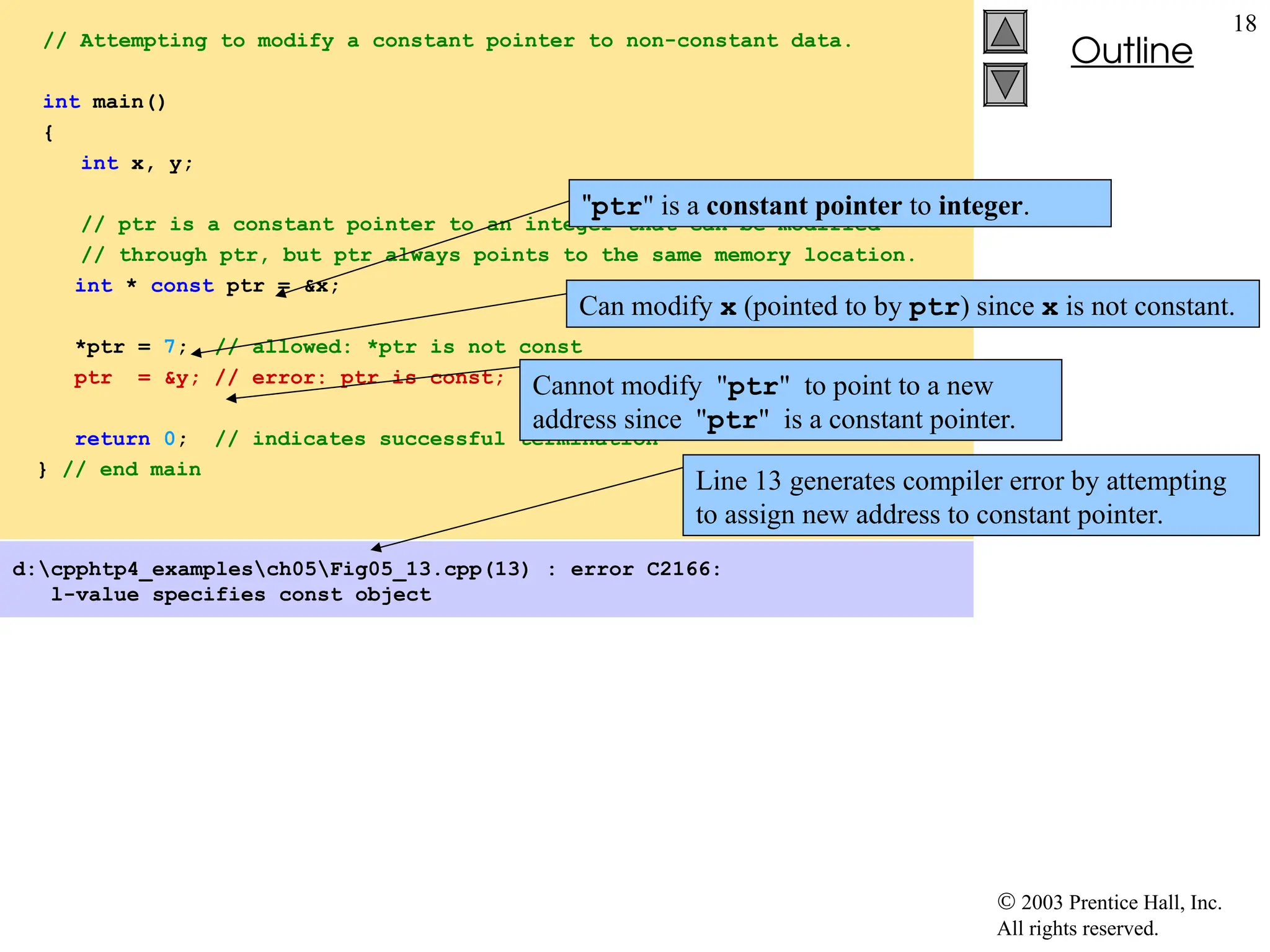  2003 Prentice Hall, Inc.
All rights reserved.
Outline
18
// Attempting to modify a constant pointer to non-constant data.
int main()
{
int x, y;
// ptr is a constant pointer to an integer that can be modified
// through ptr, but ptr always points to the same memory location.
int * const ptr = &x;
*ptr = 7; // allowed: *ptr is not const
ptr = &y; // error: ptr is const; cannot assign new address
return 0; // indicates successful termination
} // end main
d:cpphtp4_examplesch05Fig05_13.cpp(13) : error C2166:
l-value specifies const object
"ptr" is a constant pointer to integer.
Can modify x (pointed to by ptr) since x is not constant.
Cannot modify "ptr" to point to a new
address since "ptr" is a constant pointer.
Line 13 generates compiler error by attempting
to assign new address to constant pointer.
 
