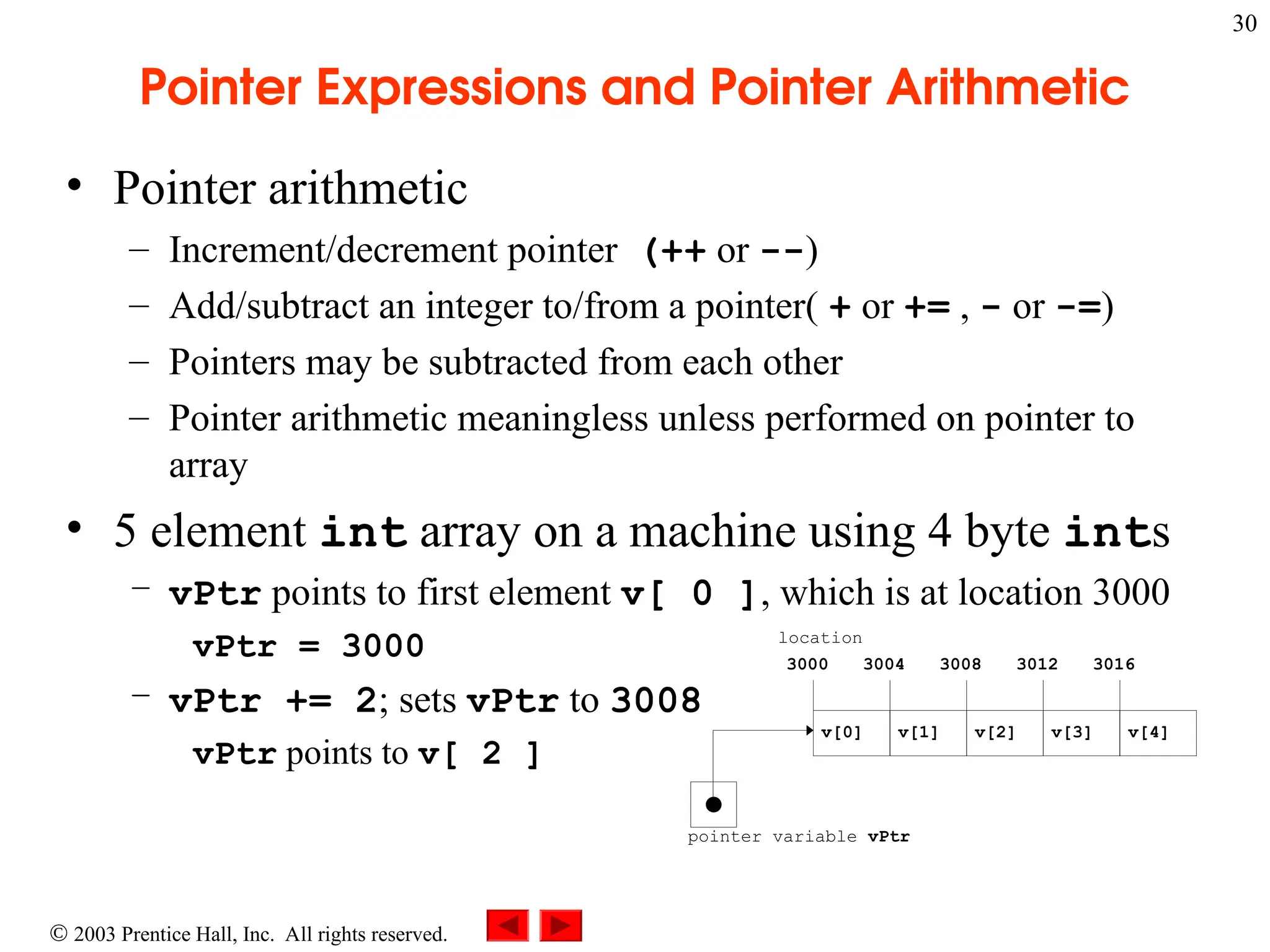  2003 Prentice Hall, Inc. All rights reserved.
30
Pointer Expressions and Pointer Arithmetic
• Pointer arithmetic
– Increment/decrement pointer (++ or --)
– Add/subtract an integer to/from a pointer( + or += , - or -=)
– Pointers may be subtracted from each other
– Pointer arithmetic meaningless unless performed on pointer to
array
• 5 element int array on a machine using 4 byte ints
– vPtr points to first element v[ 0 ], which is at location 3000
vPtr = 3000
– vPtr += 2; sets vPtr to 3008
vPtr points to v[ 2 ]
pointer variable vPtr
v[0] v[1] v[2] v[4]
v[3]
3000 3004 3008 3012 3016
location
 
