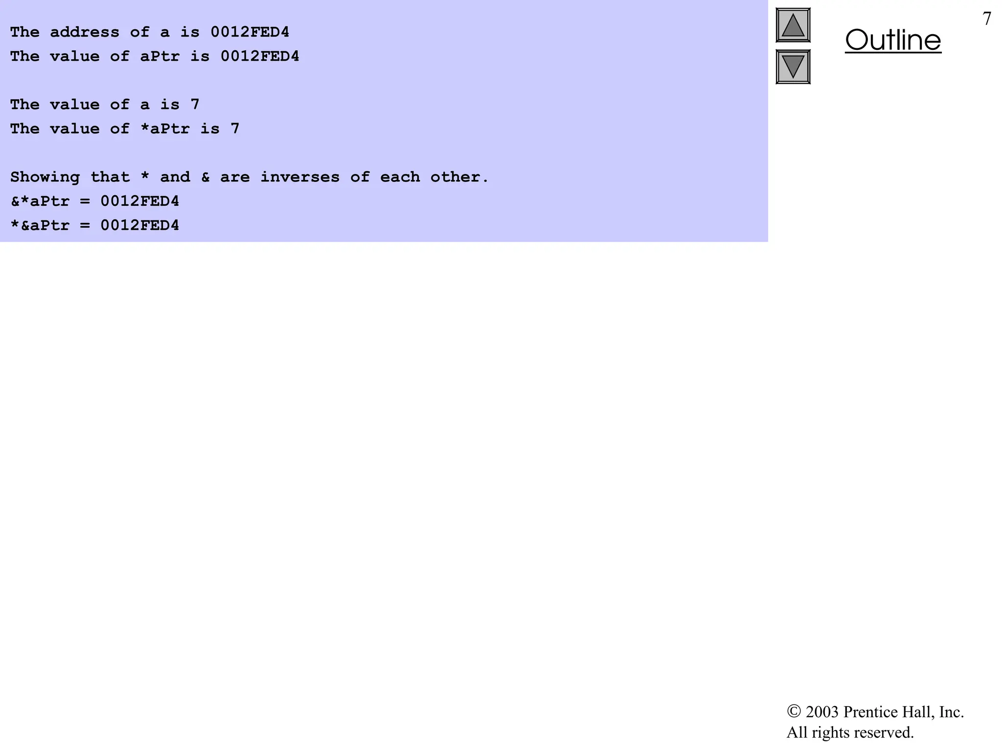  2003 Prentice Hall, Inc.
All rights reserved.
Outline
7
The address of a is 0012FED4
The value of aPtr is 0012FED4
The value of a is 7
The value of *aPtr is 7
Showing that * and & are inverses of each other.
&*aPtr = 0012FED4
*&aPtr = 0012FED4
 