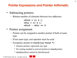  2003 Prentice Hall, Inc. All rights reserved.
31
Pointer Expressions and Pointer Arithmetic
• Subtracting pointers
– Returns number of elements between two addresses
vPtr2 = v[ 2 ];
vPtr = v[ 0 ];
vPtr2 - vPtr == 2
• Pointer assignment
– Pointer can be assigned to another pointer if both of same
type
– If not same type, cast operator must be used
– Exception: pointer to void (type void *)
• Generic pointer, represents any type
• No casting needed to convert pointer to void pointer
• void pointers cannot be dereferenced
 