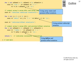  2003 Prentice Hall, Inc.
All rights reserved.
Outline
35
for ( int offset1 = 0; offset1 < 4; offset1++ )
cout << "*(b + " << offset1 << ") = "
<< *( b + offset1 ) << 'n';
// output array b using bPtr and array subscript notation
cout << "nPointer subscript notationn";
for ( int j = 0; j < 4; j++ )
cout << "bPtr[" << j << "] = " << bPtr[ j ] << 'n';
cout << "nPointer/offset notationn";
// output array b using bPtr and pointer/offset notation
for ( int offset2 = 0; offset2 < 4; offset2++ )
cout << "*(bPtr + " << offset2 << ") = "
<< *( bPtr + offset2 ) << 'n';
return 0; // indicates successful termination
} // end main
Using array name and
pointer/offset notation.
Using pointer subscript
notation.
Using bPtr and
pointer/offset notation.
 